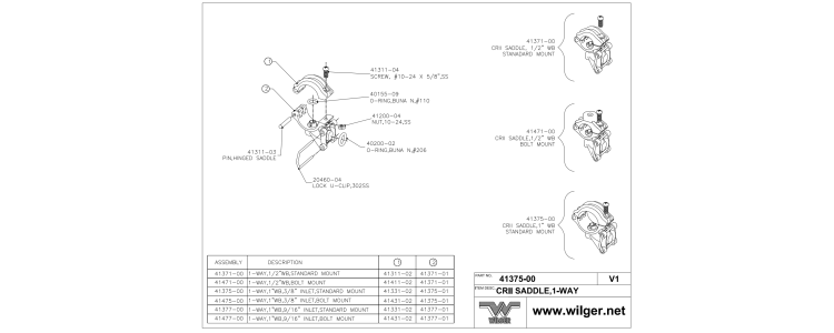 Wilger WET BOOM BOLT MOUNT, TOP/BOT SADDLE ASSY, ONE-WAY, 1"PIPE, 9/16" INLET,41477-00